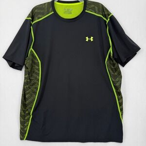 Under Armour Mens HeatGear Short Sleeve Training Shirt Black Neon Green Large
